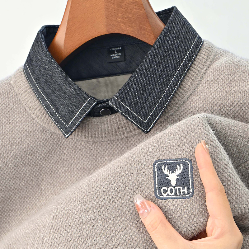 加绒加厚假两件男士毛衣2024冬季新款衬衫领保暖一体绒针织打底衫