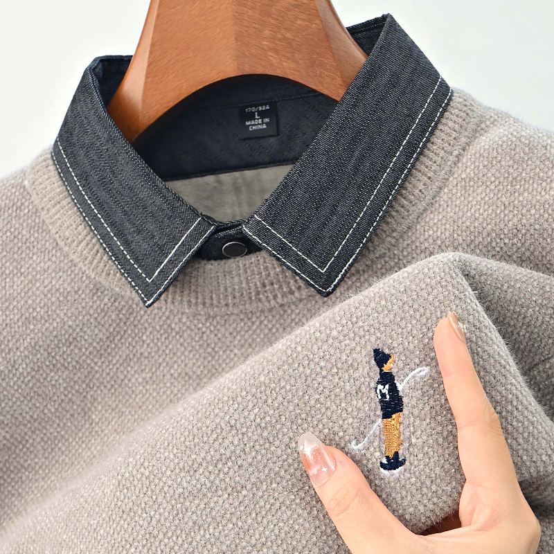 一体绒加绒加厚男士毛衣新款男装衬衫领假两件冬季保暖针织打底衫