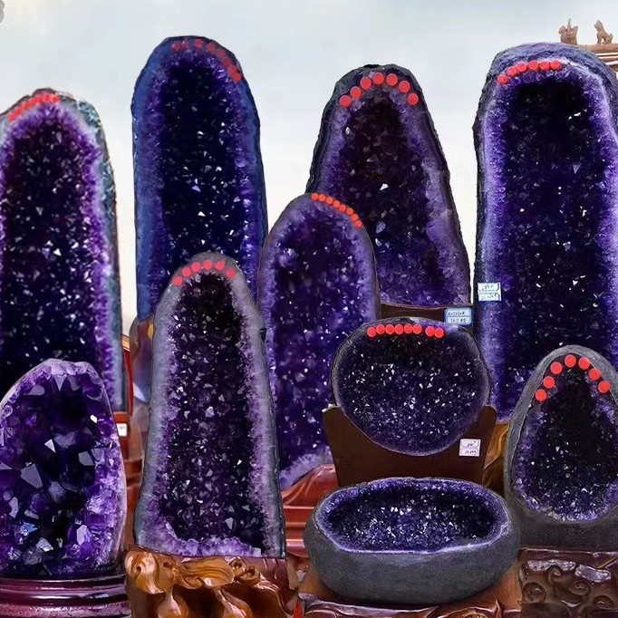 天然紫水晶洞摆件办公摆件原矿袋子配送高定檀木底座送七天无理由