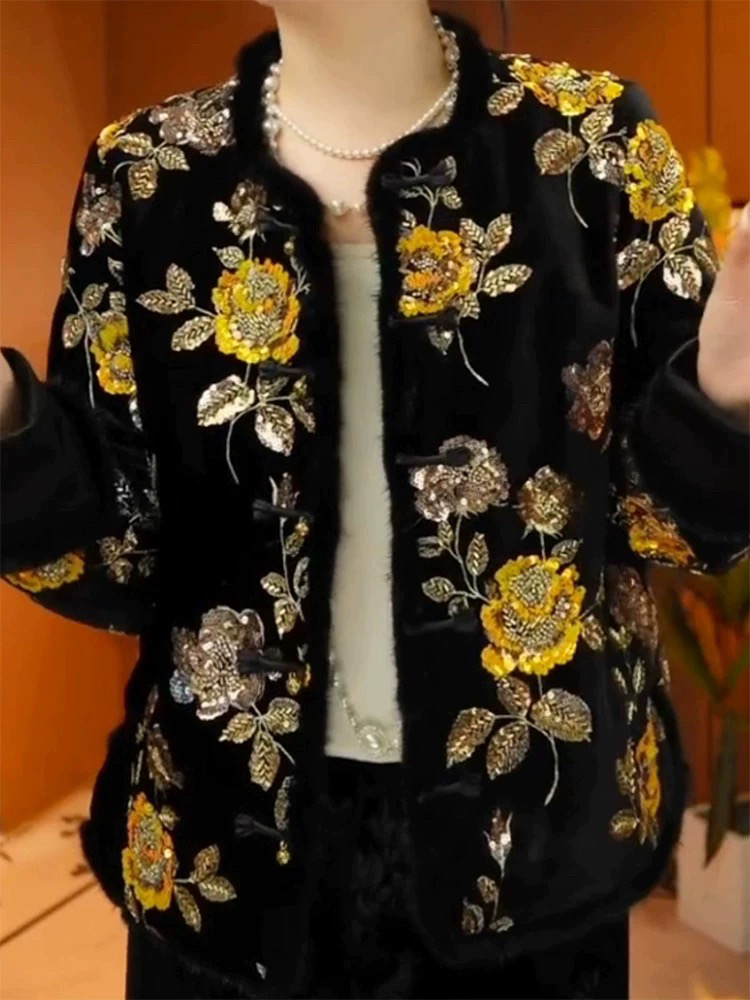 玫瑰绣花国风加绒棉服女时尚妈妈装新款老钱风毛领长袖棉袄079