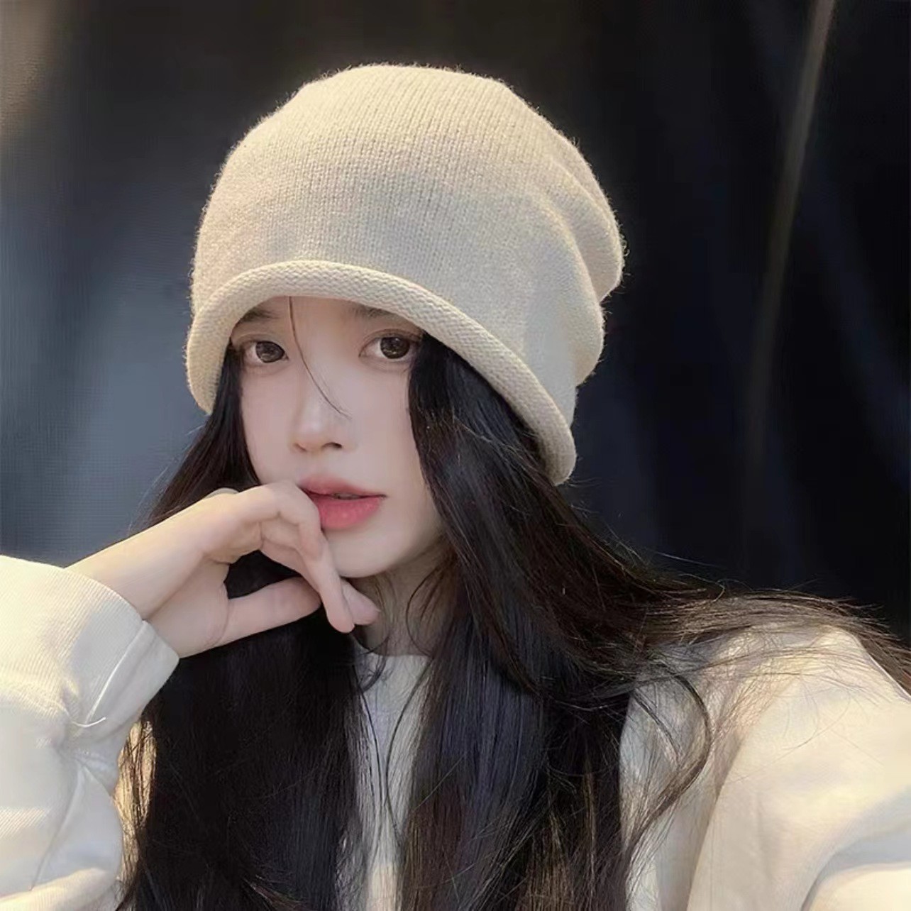 【潮牌】韩国东大门套头帽女生抽绳卷边慵懒风堆堆帽针织包头帽子