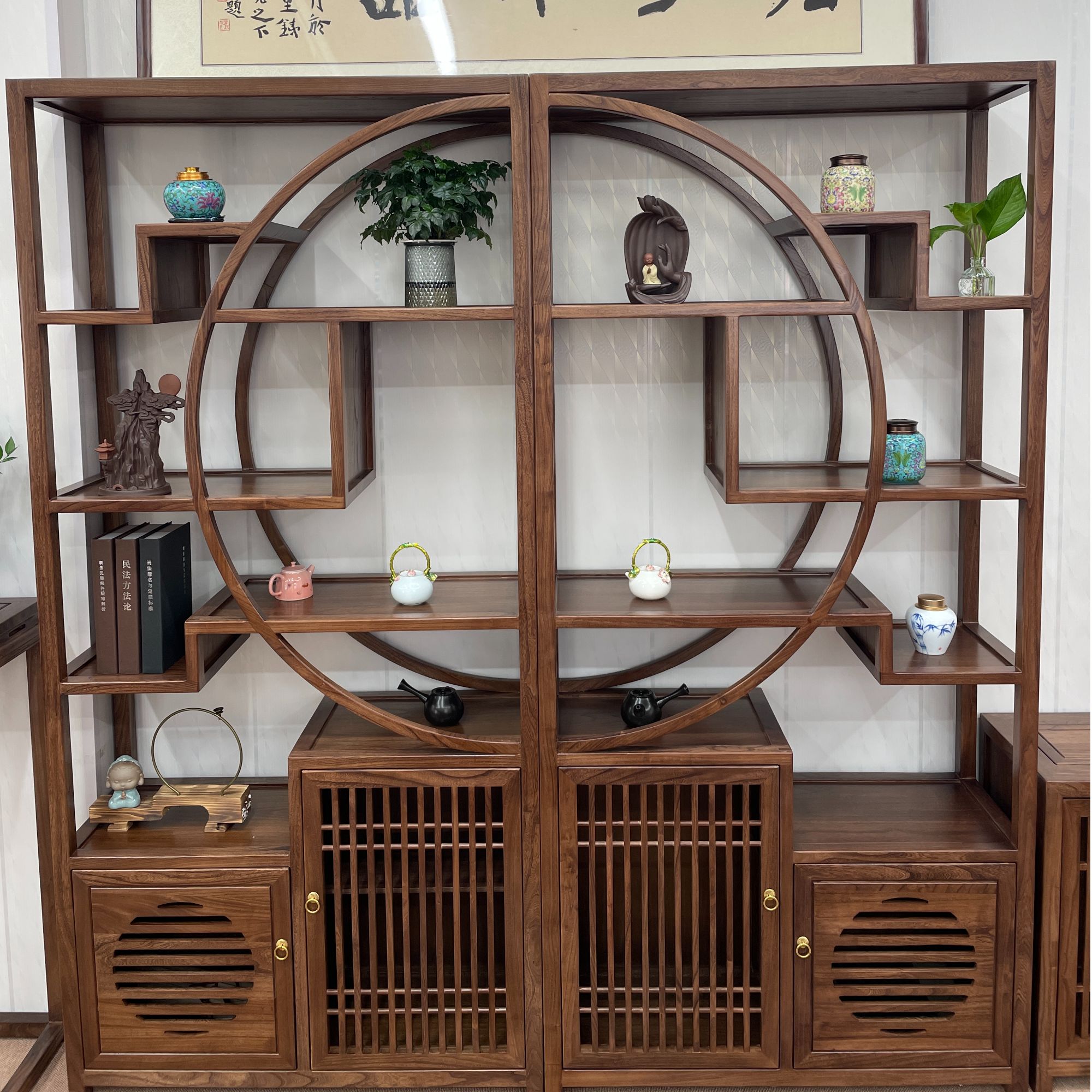 菠萝格博古架茶室置物架办公室多宝阁展示柜外方内圆