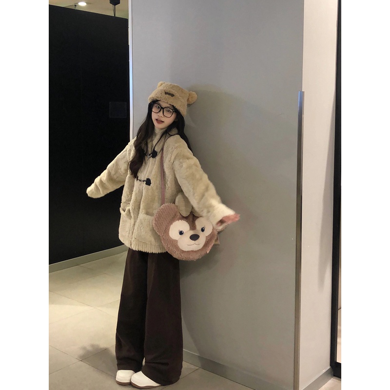 韩系翻领温柔奶fufu皮毛一体羊羔毛外套加厚宽松阔腿裤两件套秋冬
