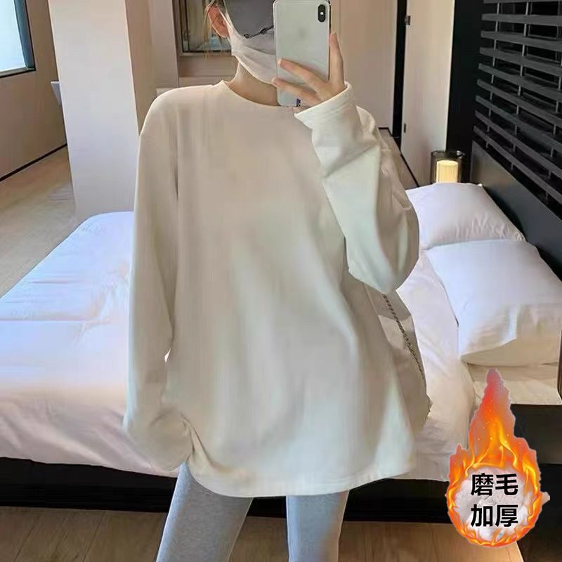 长袖T恤女秋冬中长款遮屁股配鲨鱼裤上衣磨毛白色打底衫内搭大白t