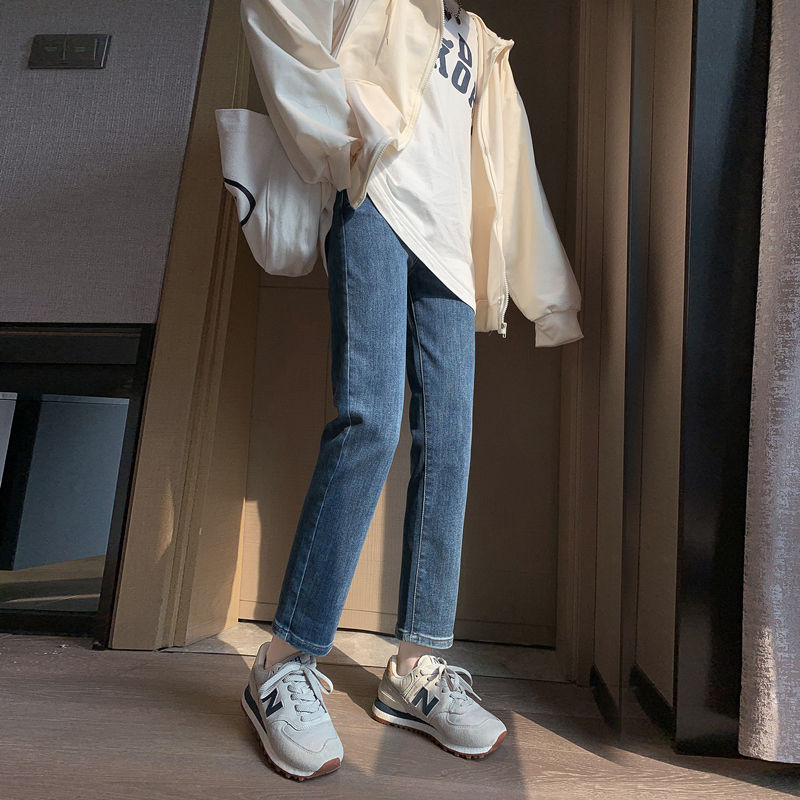 蓝色高腰牛仔裤女直筒宽松2021年春秋季新款九分裤小个子烟管裤子