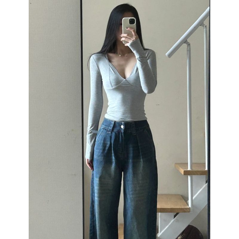 德绒纯欲辣妹深V领长袖T恤女短款修身显瘦气质内搭紧身打底衫上衣