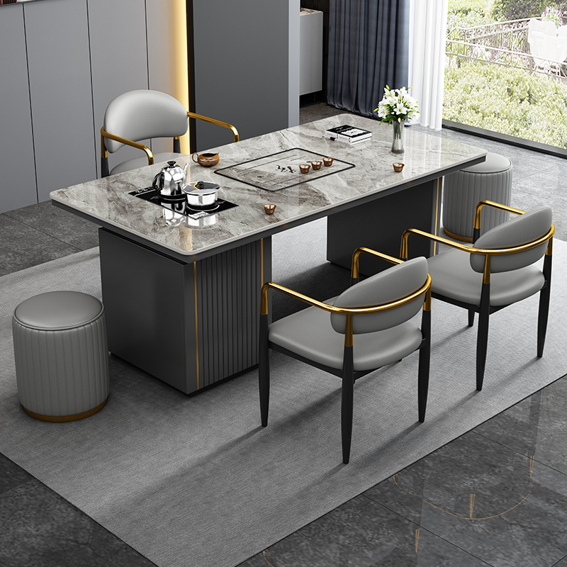 现代简约轻奢亮光岩板茶桌办公室家用客厅阳台自动烧水多功能茶台