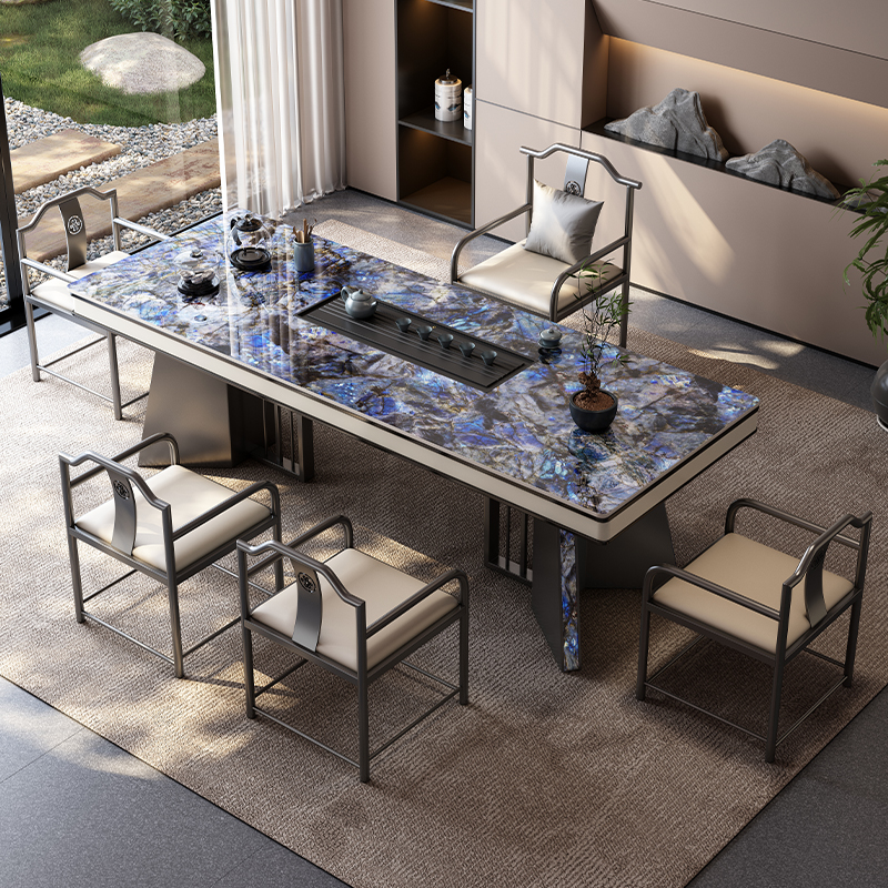 现代岩板茶桌轻奢办公室蓝宝石大板高级感办公接待室自动烧水茶台