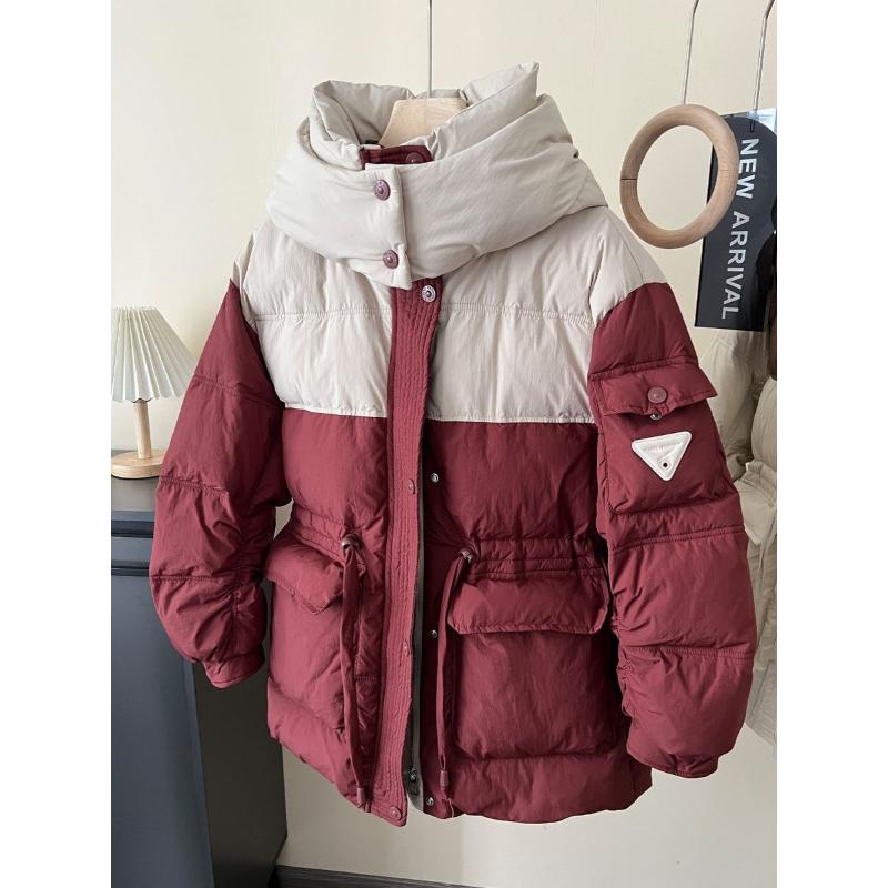 欧货冬装2023新款撞色连帽收腰中长款白鸭绒羽绒服女加厚保暖外套