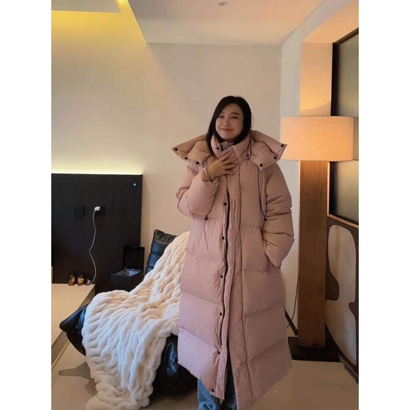 白鸭绒羽绒服女长款过膝2023年新款加厚韩版粉色宽松时尚冬季外套