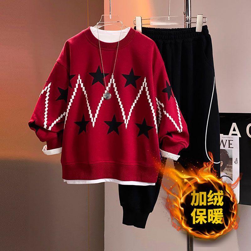 童森童马男童秋冬季2024新款字母印花加绒长袖运动宽松长裤套装潮