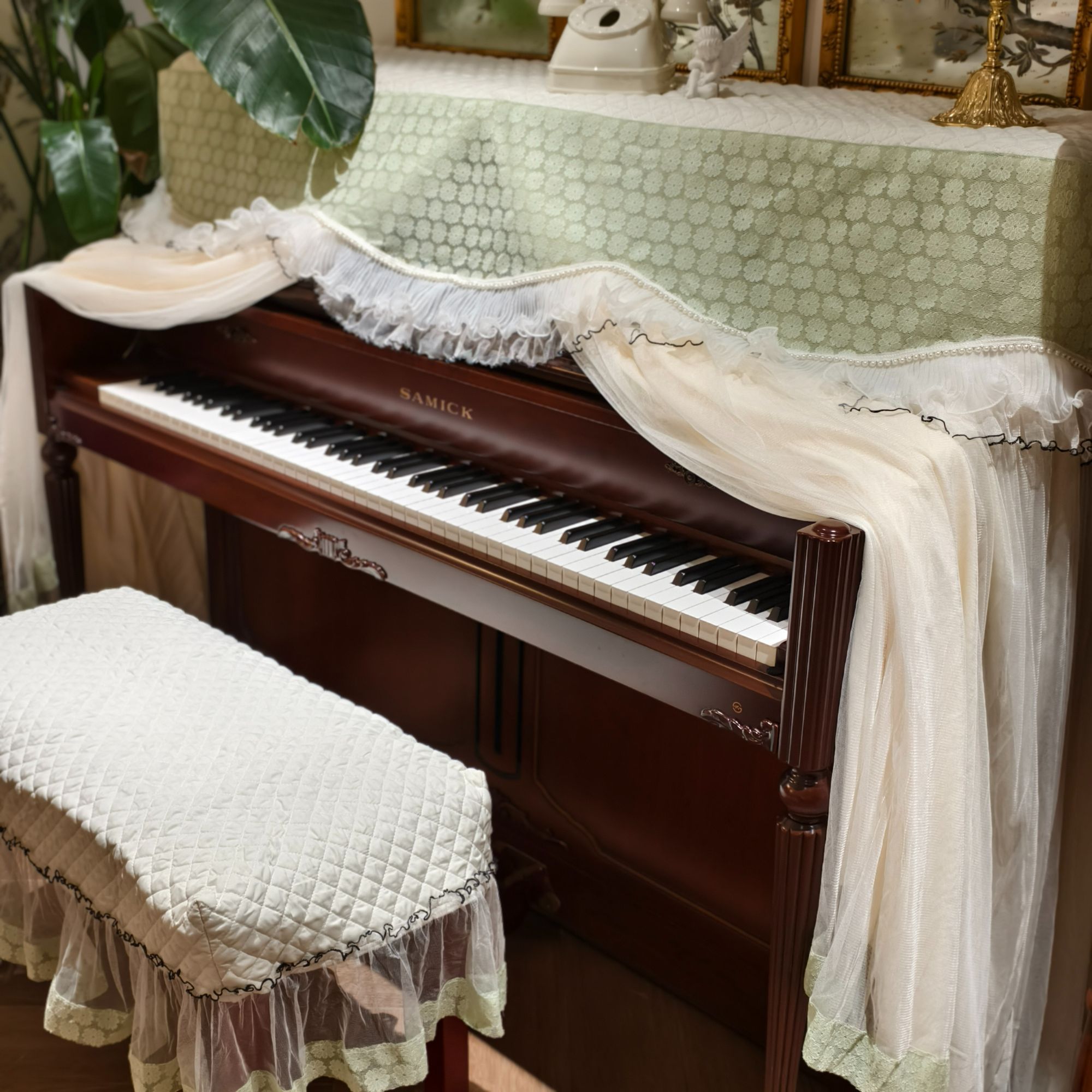 小精灵高端美式法式中式现代风格蕾丝清新立式钢琴防尘罩