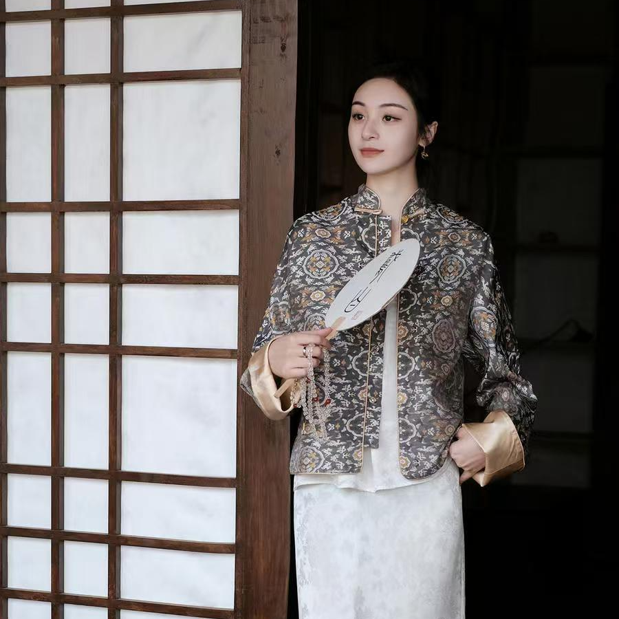 盛唐牡丹鹤鹿同春宋锦小立领外套