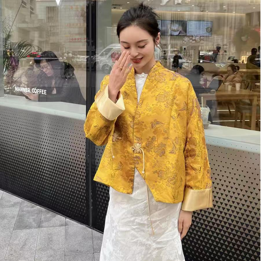 盛唐牡丹花香引蝶真丝宋锦新中式外套（不支持七天无理由）