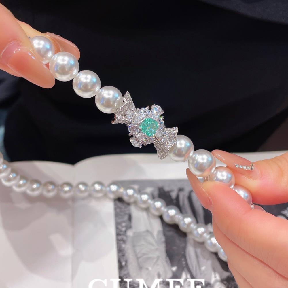 吊坠925银 简约气质款卡10晚装链帕拉伊帕色人工贝珠项链 银镀金