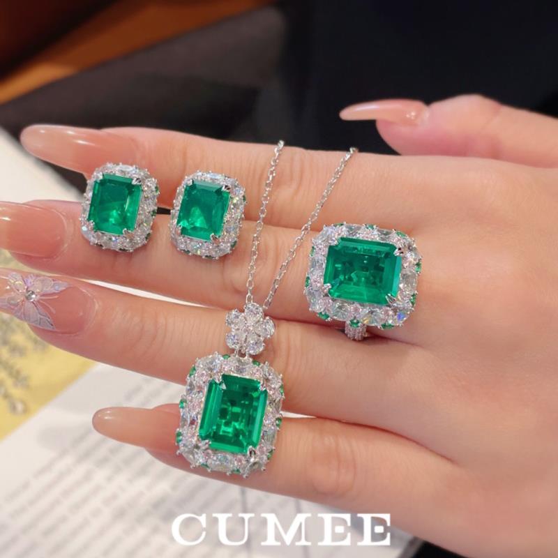 925银耳饰 大克拉欧美时尚设计款 仿真合成祖母绿色耳钉戒指吊坠