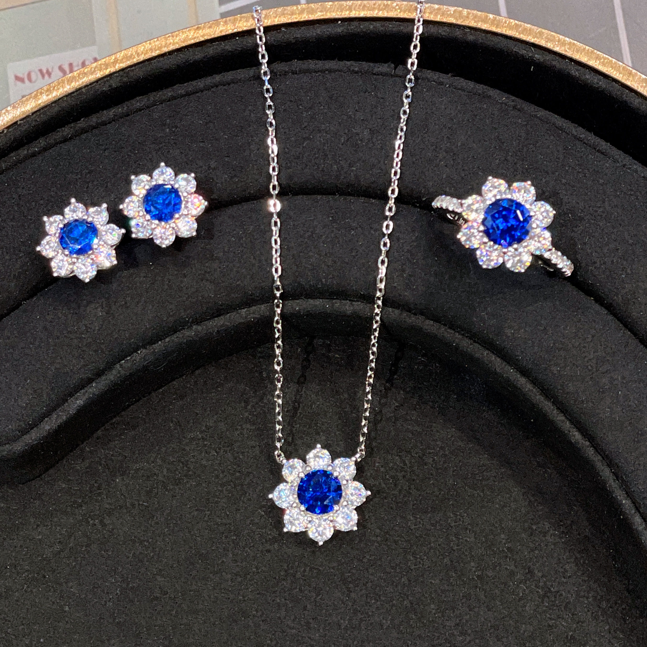 Cumee 925银戒指 日常百搭款 太阳花合成蓝宝戒指耳钉吊坠.银镀金