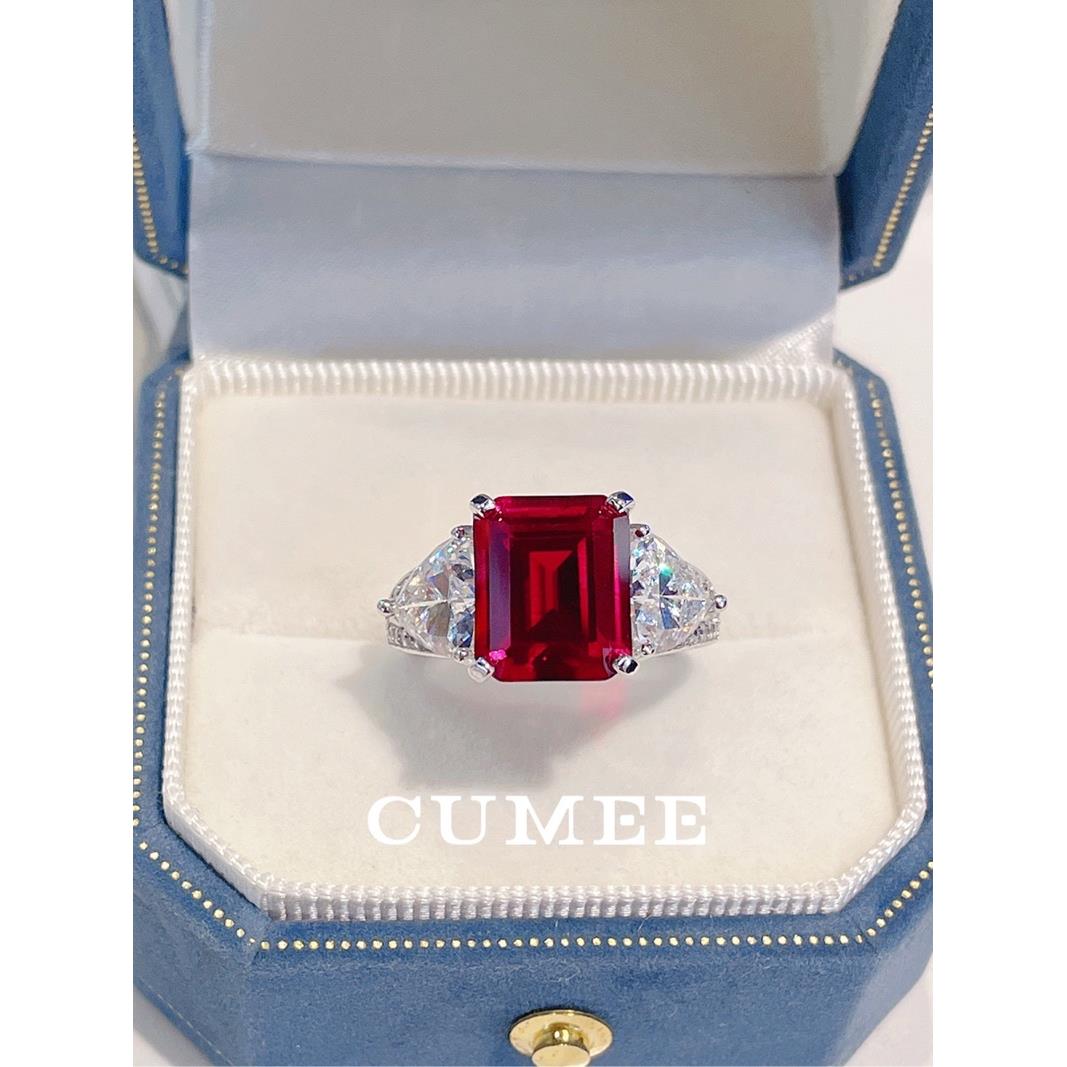 Cumee 925银戒指 经典公主方气质满火彩鸽血红合成红宝戒指银镀金