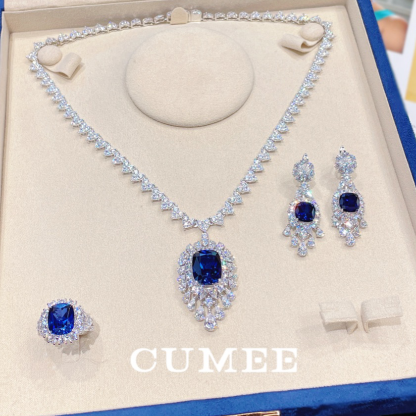 Cumee 925银戒指 新款爱心链豪华合成蓝宝戒指耳坠项链.银镀金