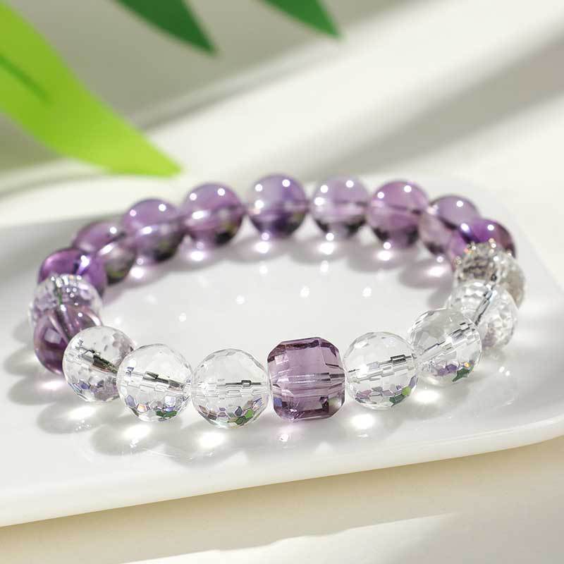 新品紫水晶方糖串珠手链女小众高级感切面白水晶手串首饰简约时尚