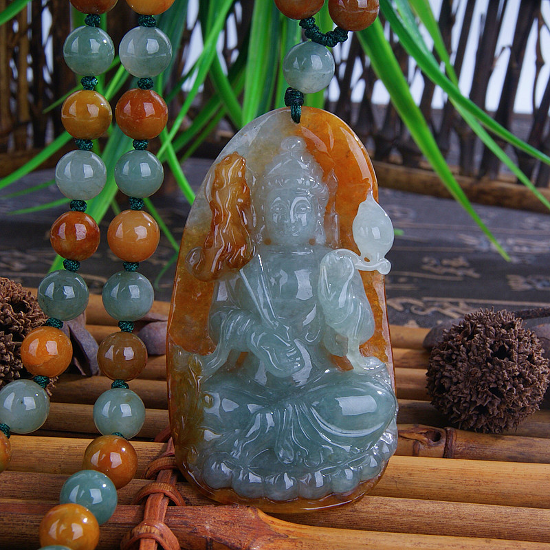 东宋翡翠A货观音吊坠男款大号 冰糯黄翡菩萨挂坠配玉佛珠项链