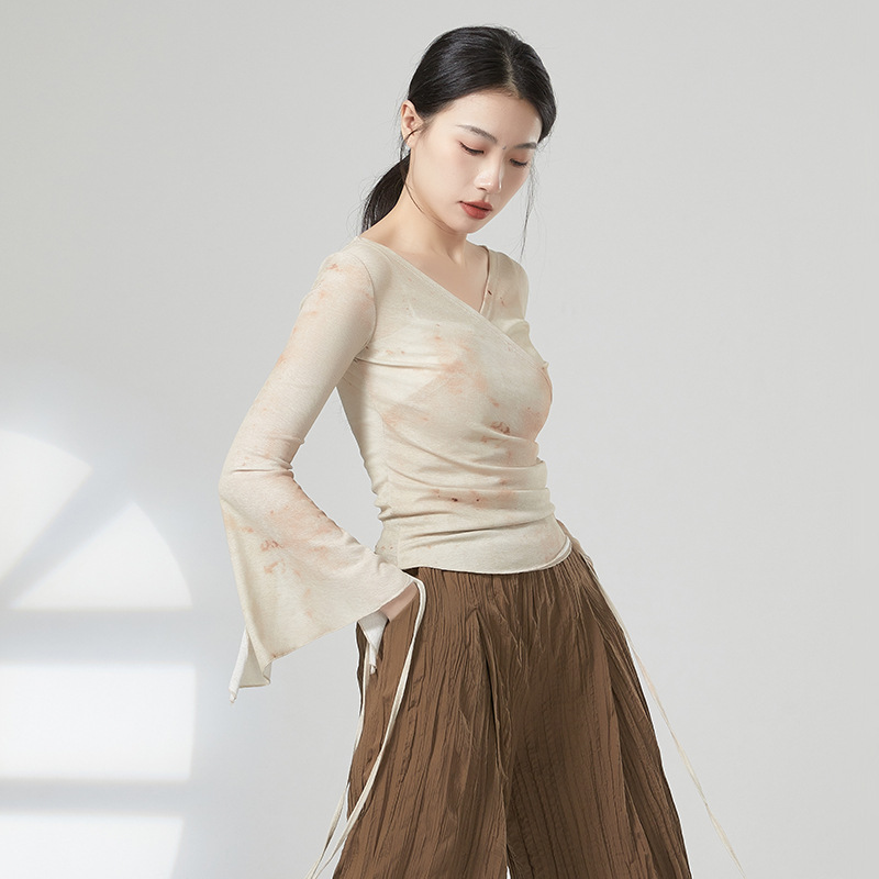 YoYo现代舞长袖上衣形体服中国古典舞蹈练功服女绑带印花舞蹈服