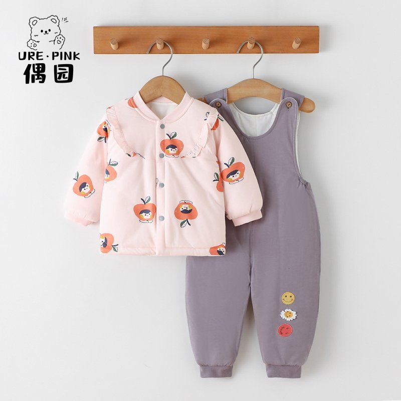 偶园婴儿秋冬加棉背带裤套装棉衣宝宝棉服两件套冬季儿童衣服