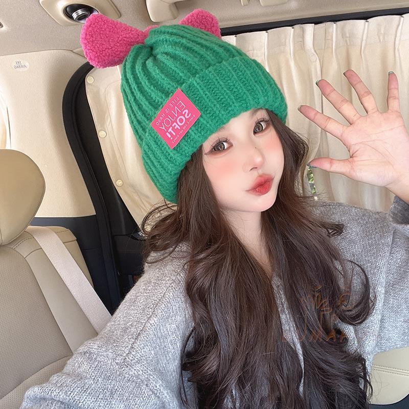【 韩版百搭 】2024女秋冬新款蝴蝶结毛线帽显脸小保暖时尚甜美可爱