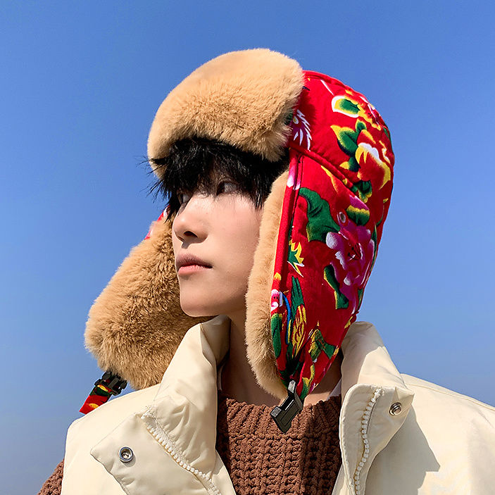【潮流】民族风大花东北雷锋帽男冬季加厚加绒护耳棉帽冬天骑车