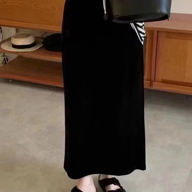 金丝绒半身裙女秋冬2022新款高腰显瘦后开叉垂感加绒包臀裙