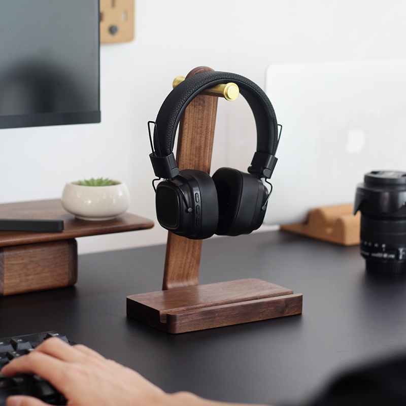 黑胡桃木耳机架置物架架子创意客厅家用简约玄关办公室旋转收纳架