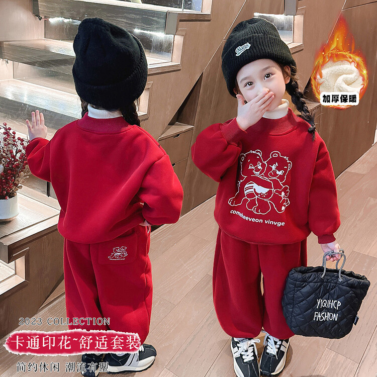 女童加绒套装秋冬2024新款儿童冬季衣服女宝宝冬装洋气时髦两件套