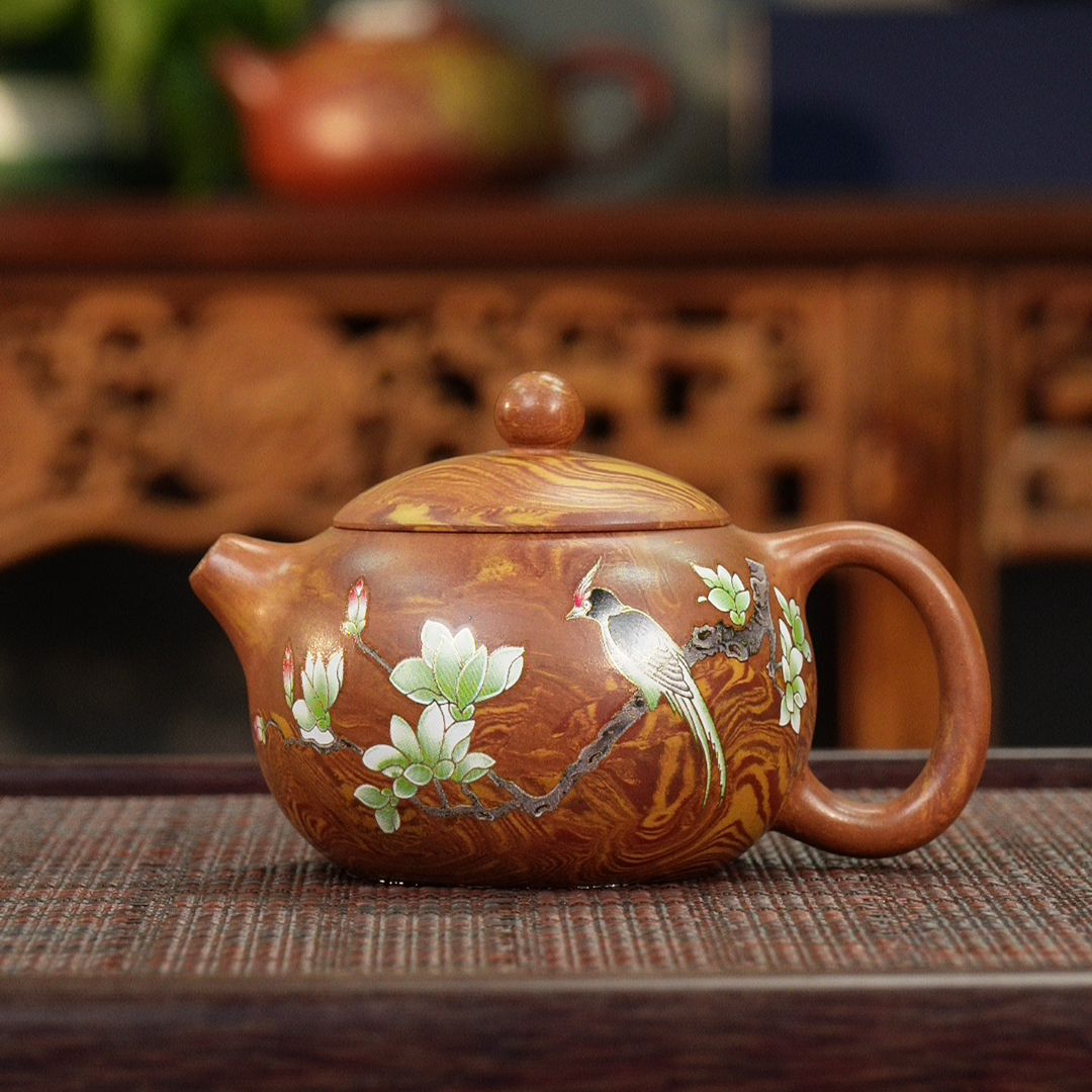 宜兴原矿紫砂紫砂茶具家用精美纯手工绞泥西施泥绘小鸟