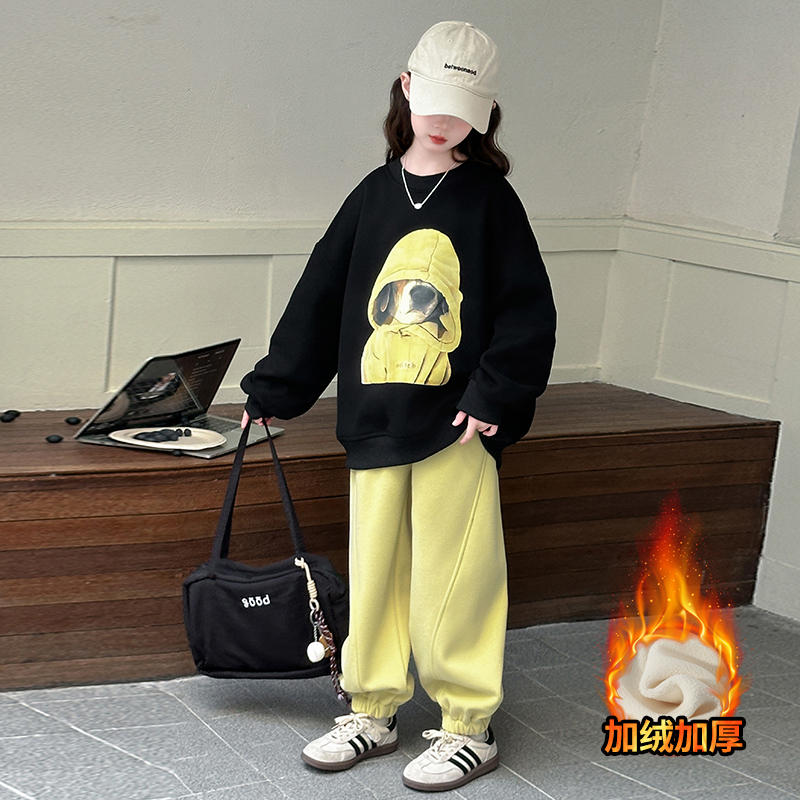 女童秋冬款一体绒套装2024新款洋气女大童加绒加厚卫衣卫裤两件套