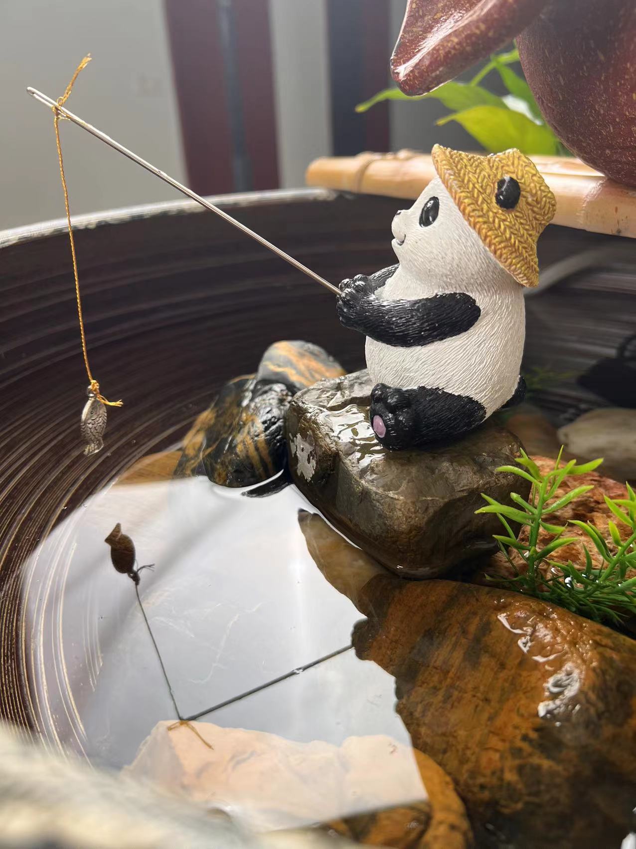 史克森个性熊猫钓鱼树脂摆件鱼缸造景古法养鱼动物复古创意纯手工