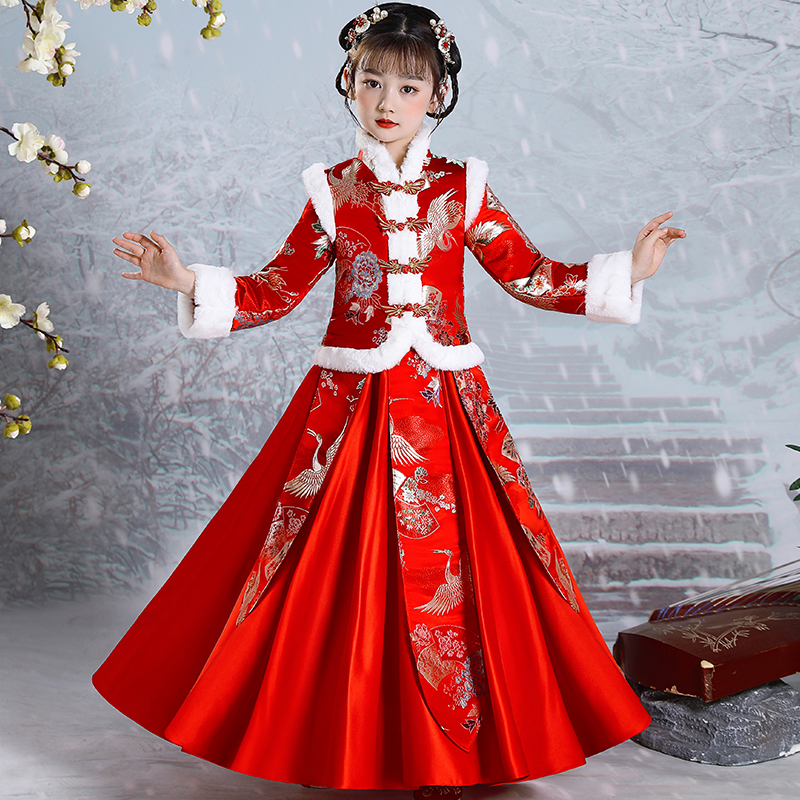 汉服女童过年中国风唐装红色宝宝超仙古风拜年服冬装儿童古装冬季