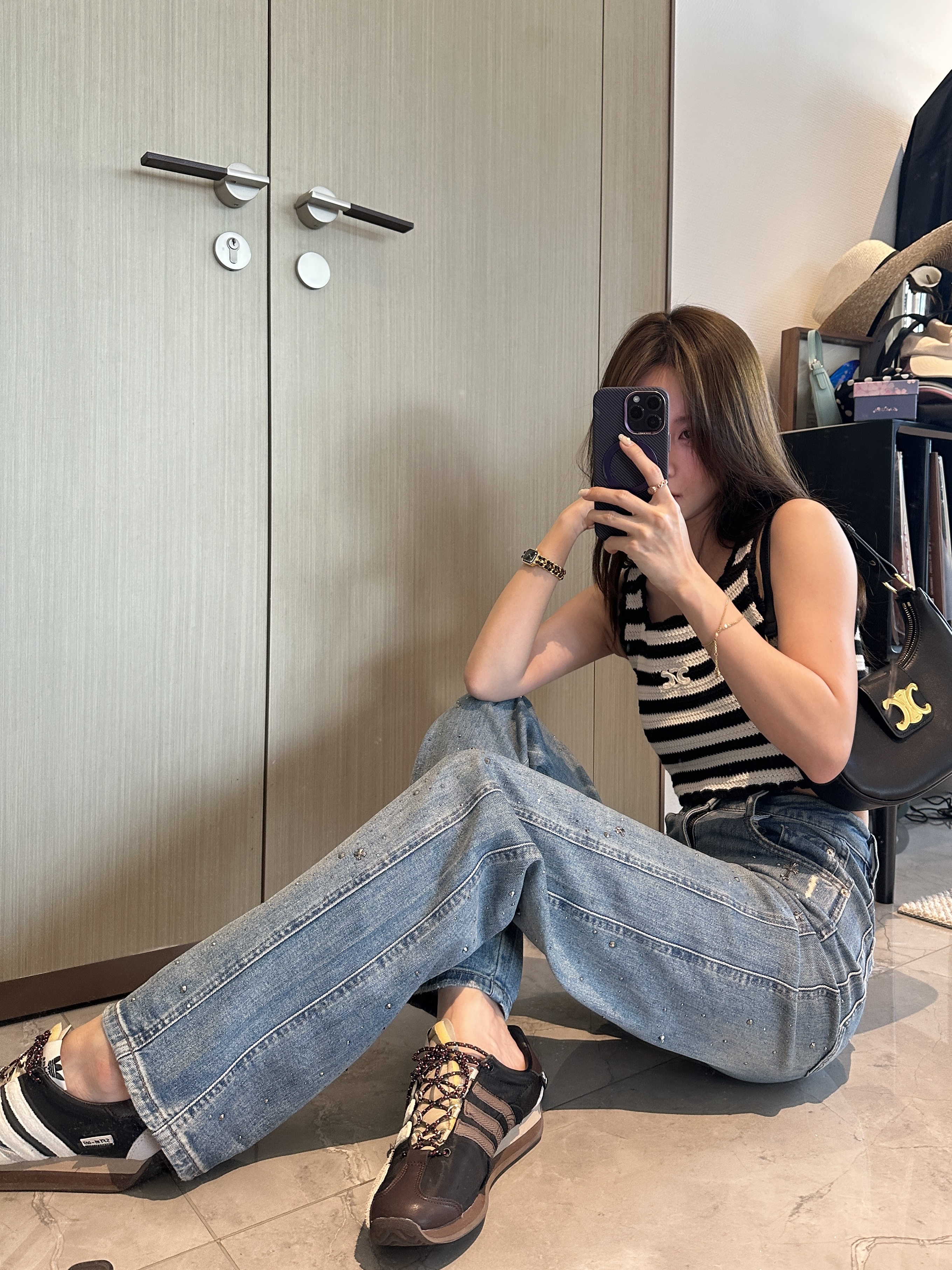 2025AW烫钻阔腿牛仔裤复古蓝水洗女秋季新款牛仔裤88111