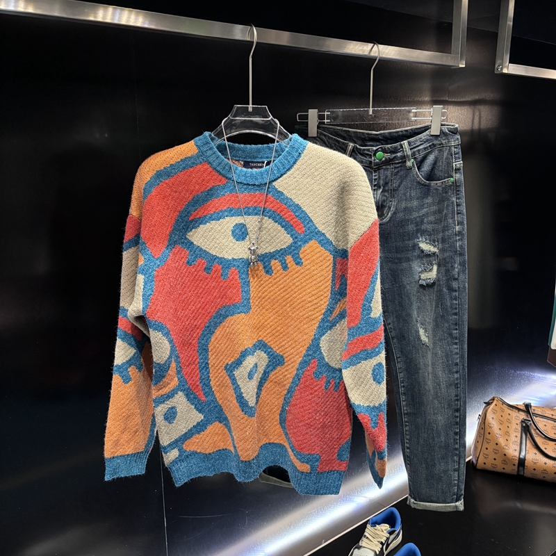 新款秋冬慵懒风针织衫圆领百搭潮流毛衣宽松长袖白色提花单件上衣