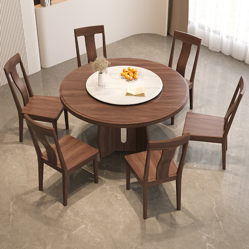 黑胡桃木实木餐桌椅组合现代简约中式大圆桌10人饭桌带转盘餐厅桌