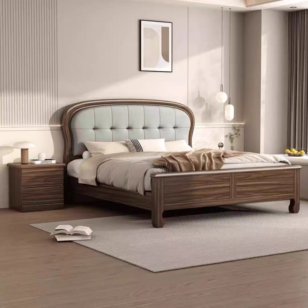 新中式黑胡桃木实木床现代软靠简约轻奢大床1.8米双人床卧室婚床