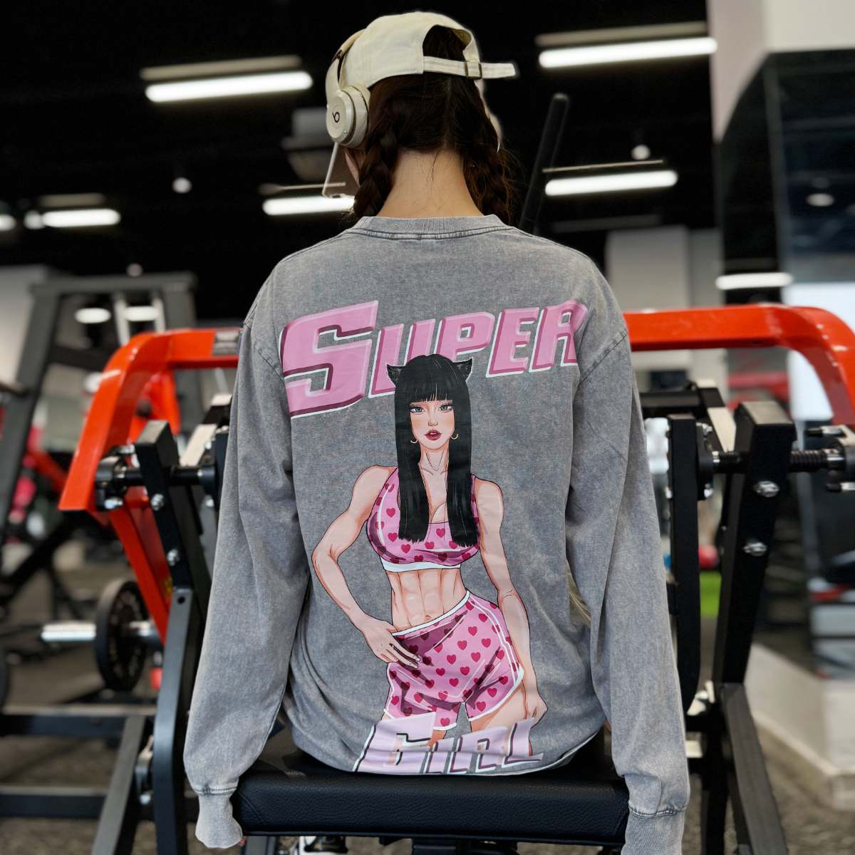 【黑长直】原创手绘撸铁健身女孩运动休闲短袖卫衣秋季潮牌柔软亲肤