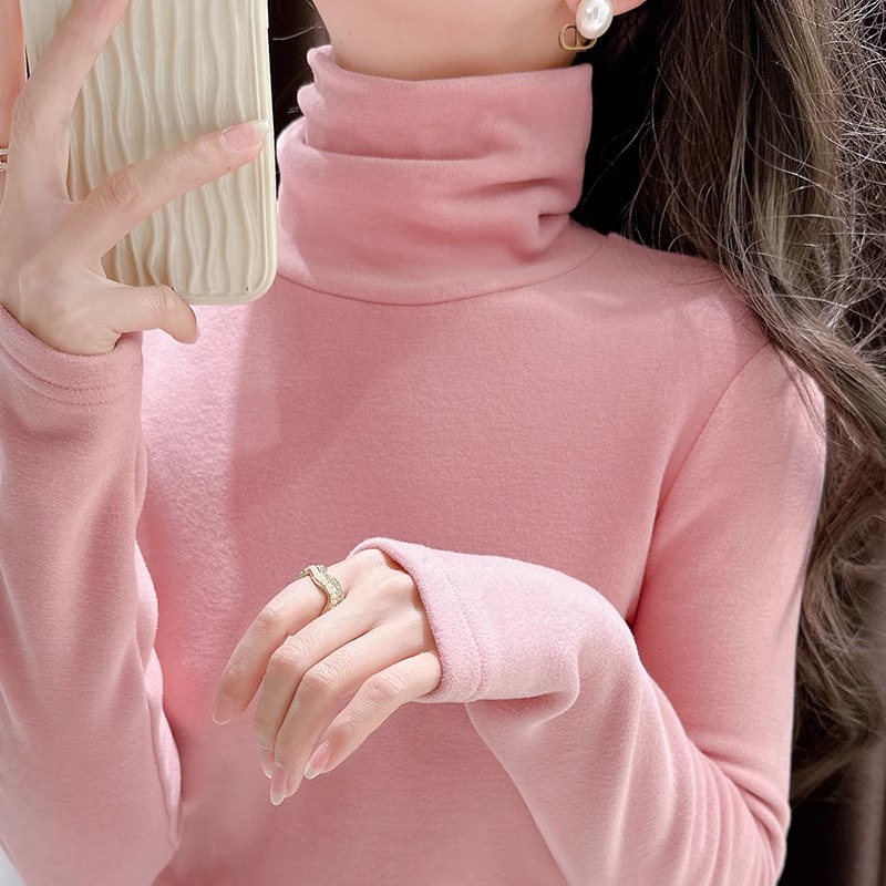 粉色高领双面磨毛德绒打底衫女秋冬新款加厚保暖堆堆领内搭上衣