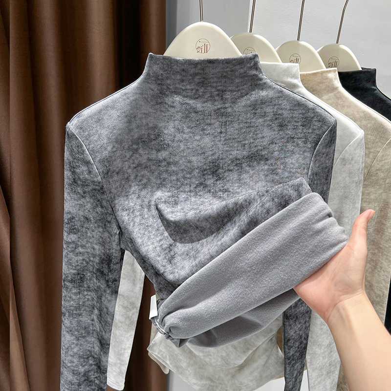秋冬爆款加绒加厚磨毛打底衫女2025新款灰色扎染半高领保暖针织衫