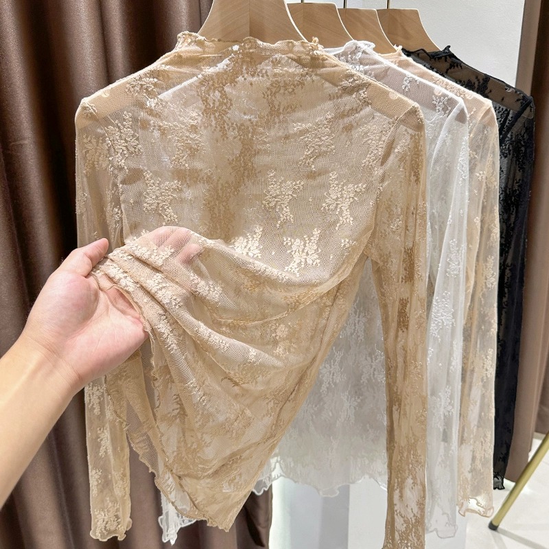 半高领蕾丝打底衫女爆款2025新款秋季木耳边网纱长袖高档内搭上衣