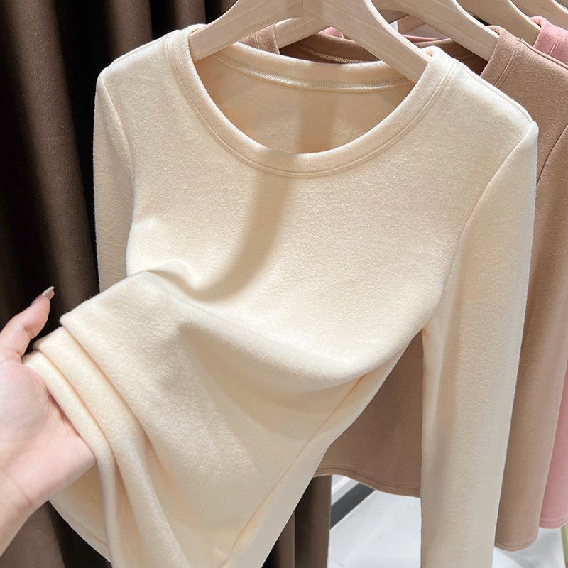 杏色双面澳绒加厚内搭长袖上衣女秋冬爆款圆领保暖内搭亲肤打底衫