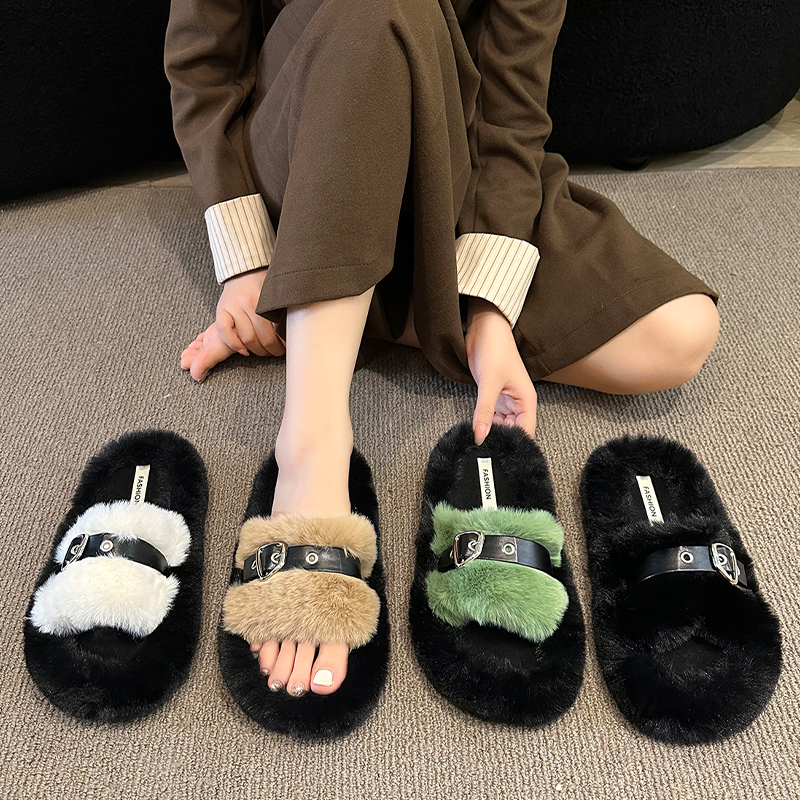 网红黑色超火毛毛拖鞋女外穿2023秋冬季新款高级感厚底增高棉拖鞋
