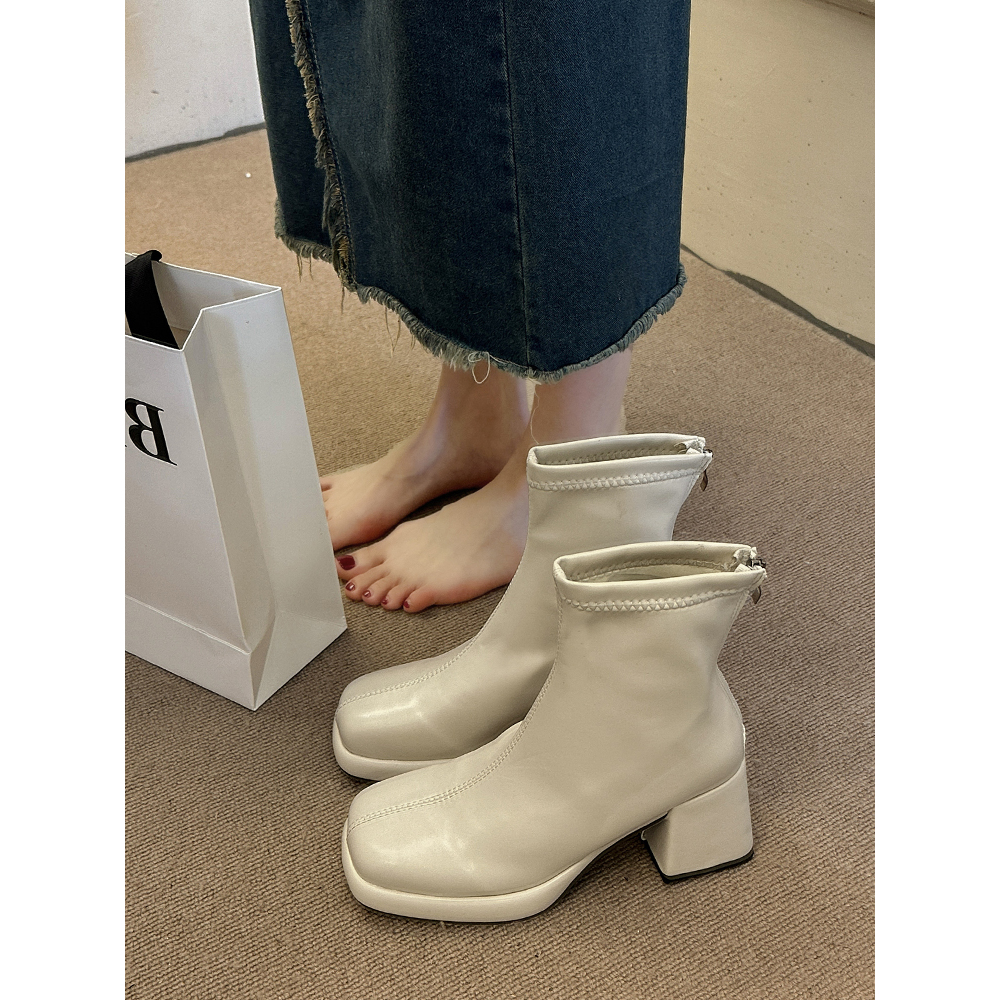 网红高跟短靴女2023秋季新款韩版百搭粗跟瘦瘦马丁靴法式切尔西靴