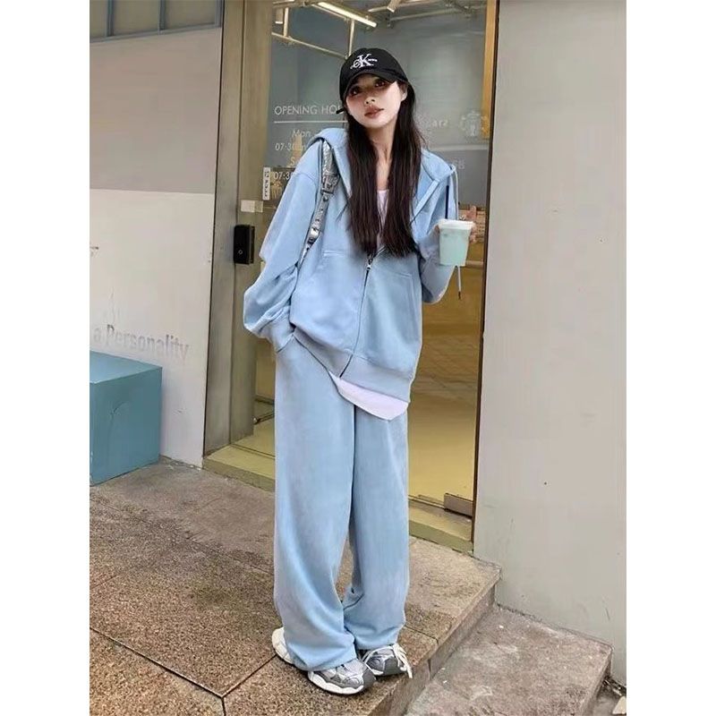 早春慵懒风套装奶蓝色休闲运动外套连帽套装宽松阔腿裤显瘦新品