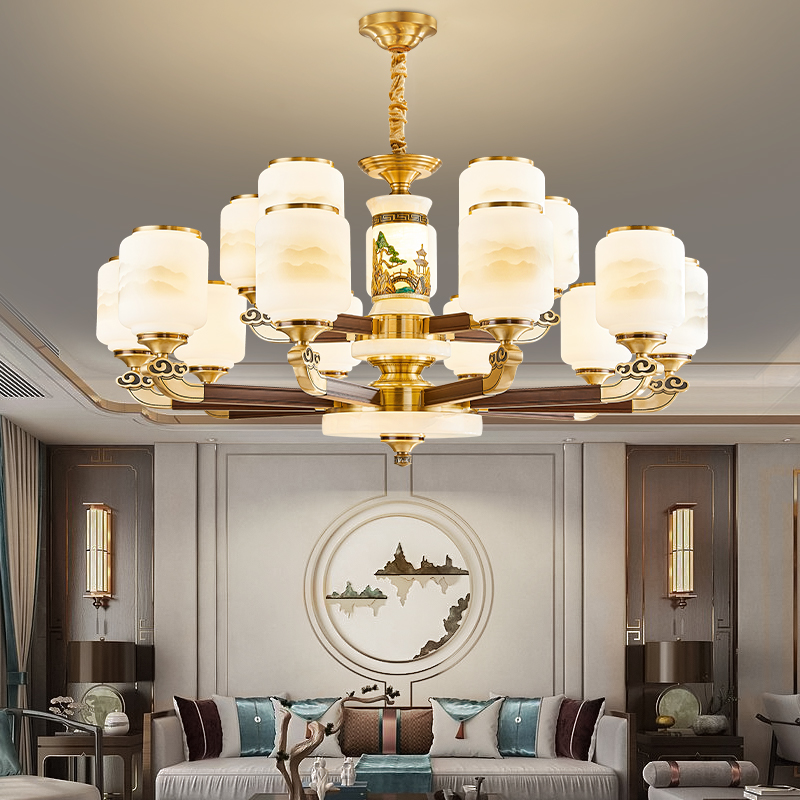 新中式复古玉石吊灯国风禅意家用大气客厅餐厅书房茶室卧室灯方臂