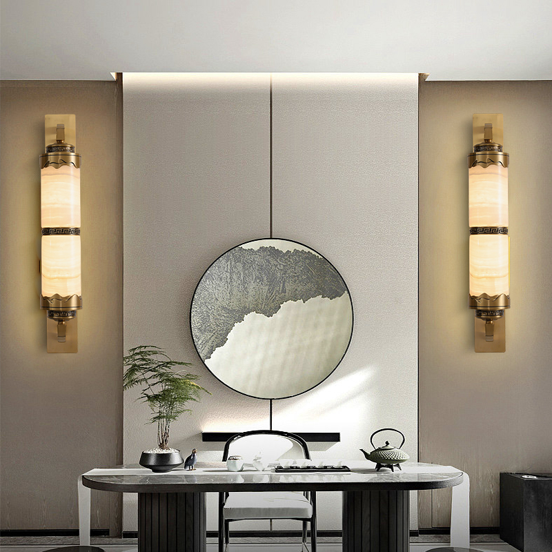 新中式高端全铜加玉石大气国风禅意客厅卧室书房茶室背景墙壁灯